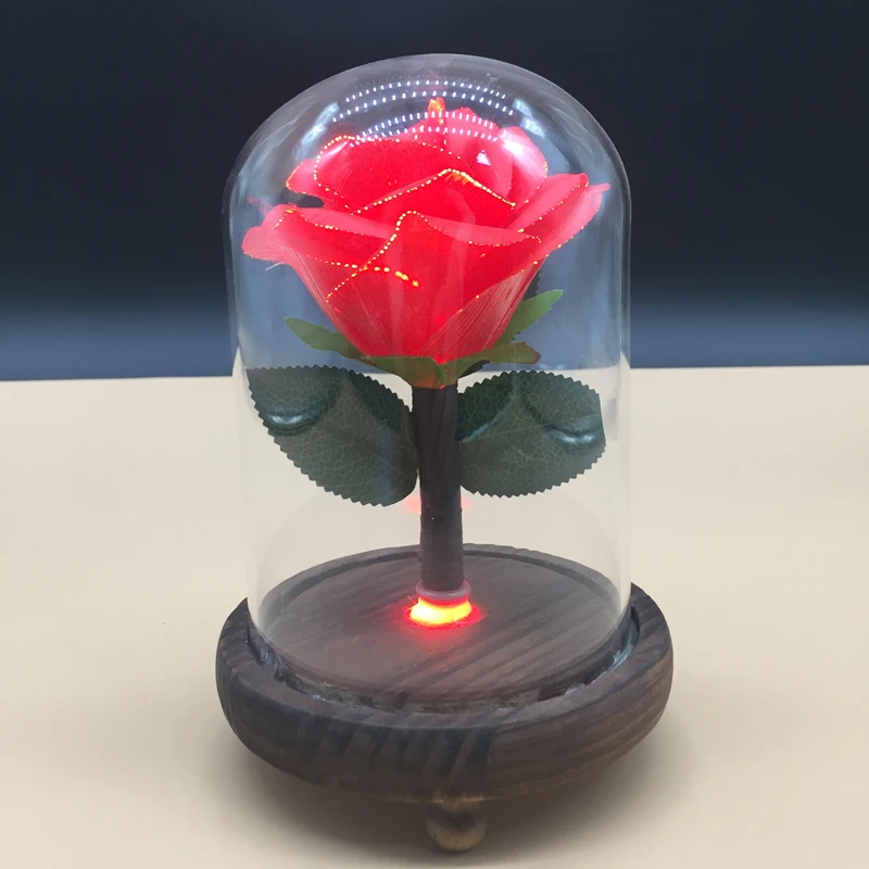 Wholesales Valentine Gift Fiber Optic Led Artificial Red Rose with Glass Dome indoor decoration