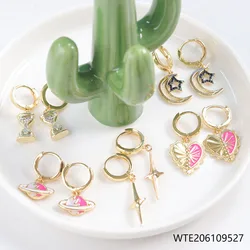 Fashion Star Moon Heart Cross Stud Earrings For Women Universe Pink Planet Enamel  Hoop Earrings