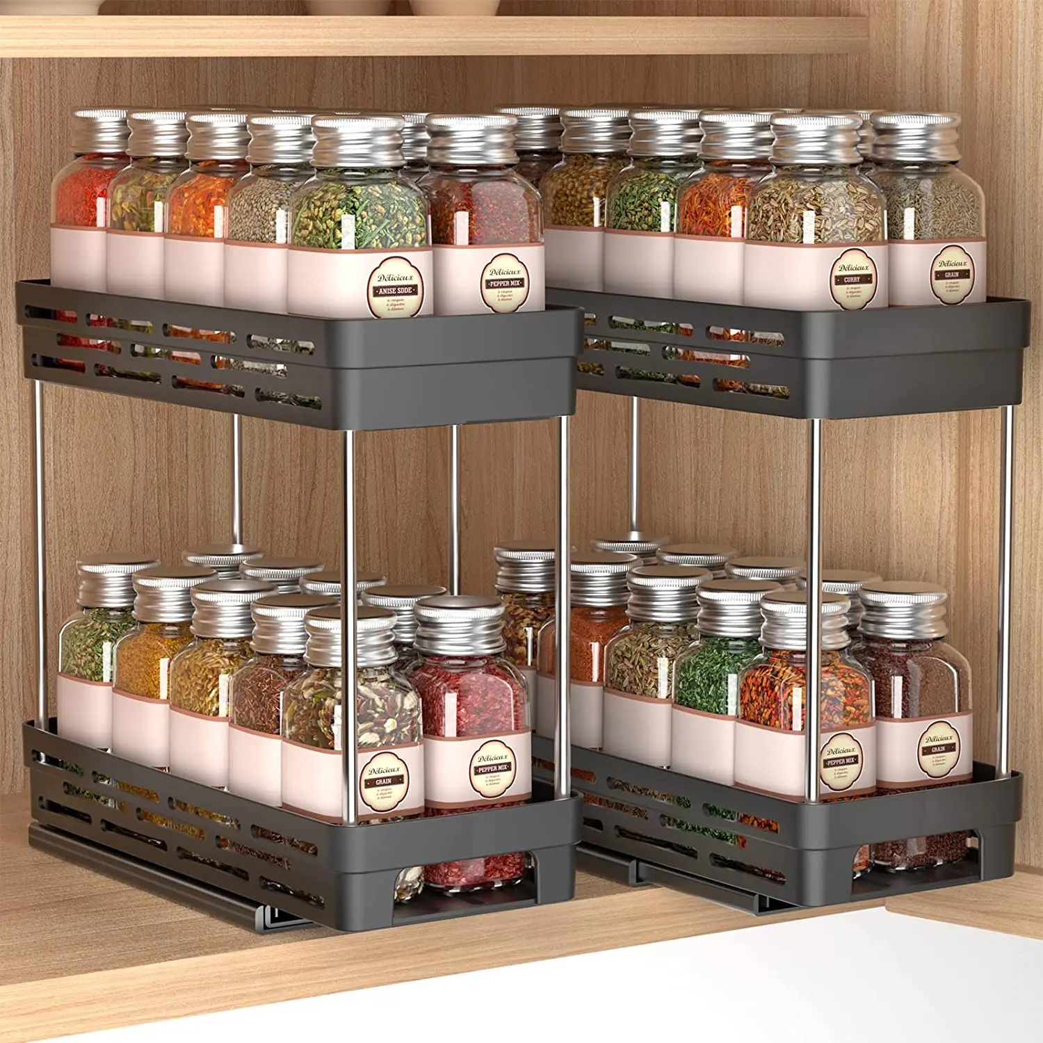 2 Pack Pull Out Spice Rack for Kitchen Inside Cabinets Vertical Spice Rack Organizer for Cabinet