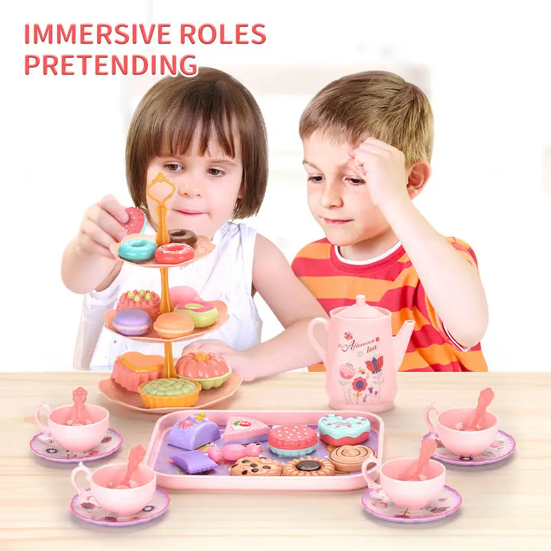 2024 Bemay Toys Kids Tea Set for Little Girls Pink Tin Tea Party Set Afternoon Tea Time Play Set