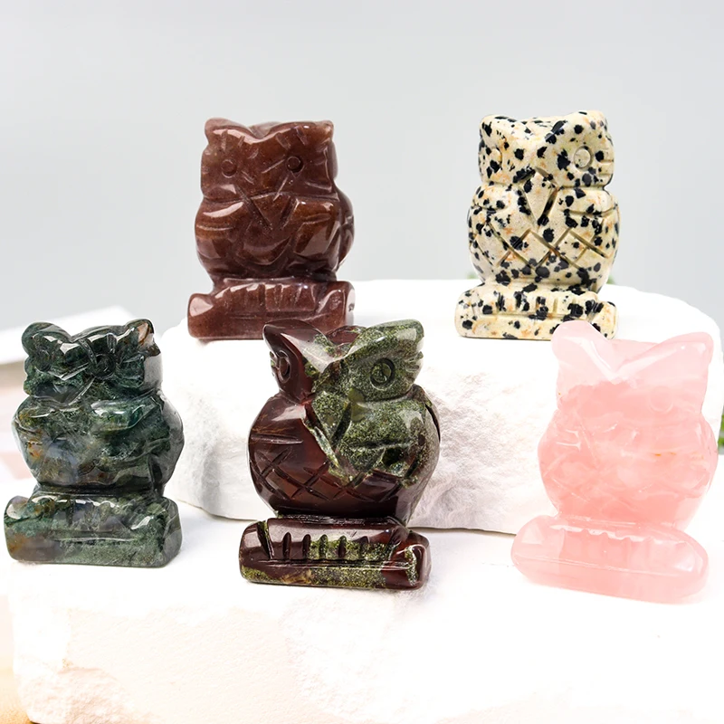 Hand-Carved Mini Stone Animals Statue Jade Crystal Craft Rose Quartz Owl Figurine Healing Souvenir for Feng Shui Home Decor