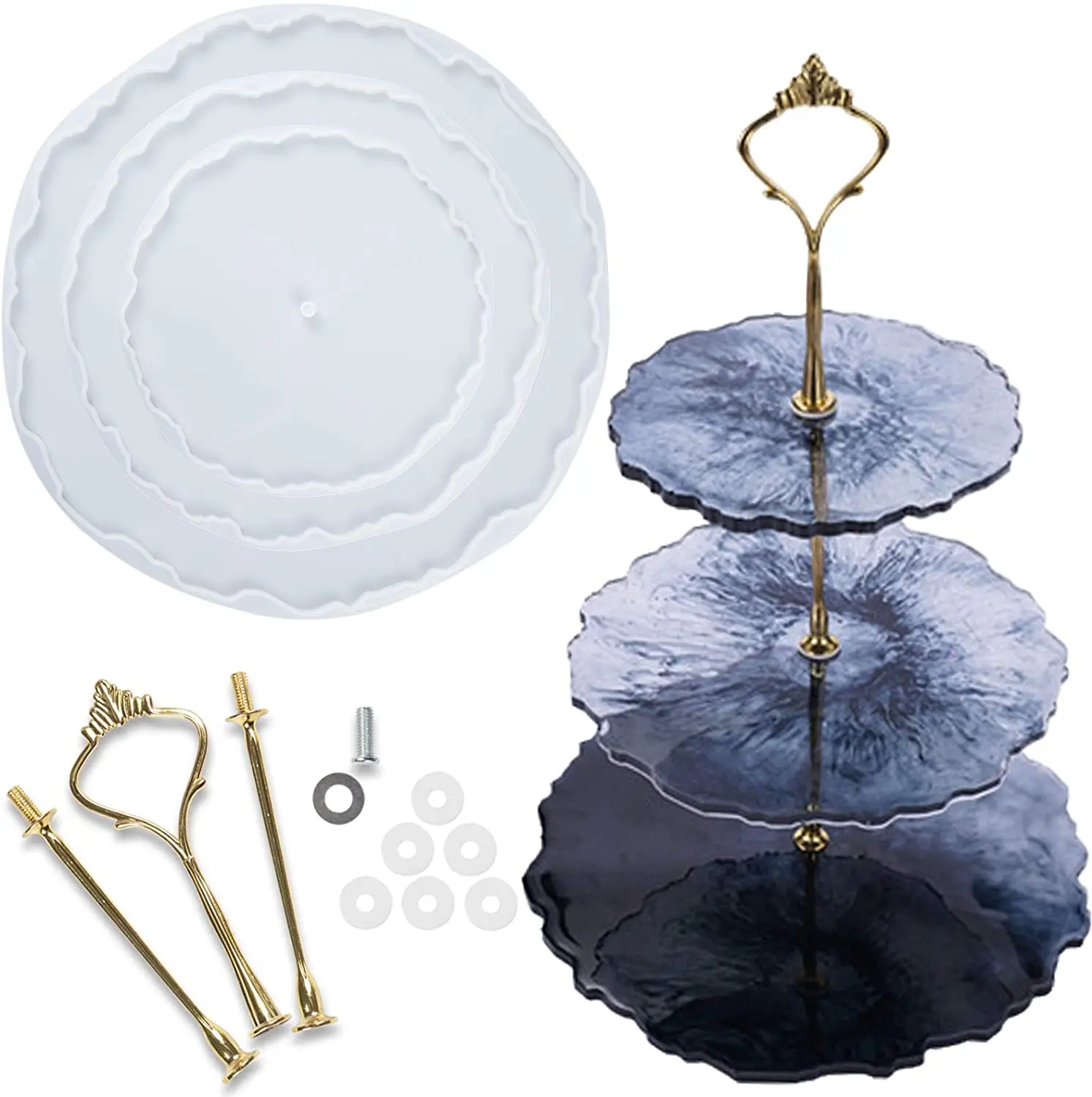 Round&Square 3 Tier Resin Casting Display Mold with Hardware Fittings for Making Cupcake Serving Stand Silicone Shelf Tray Mold