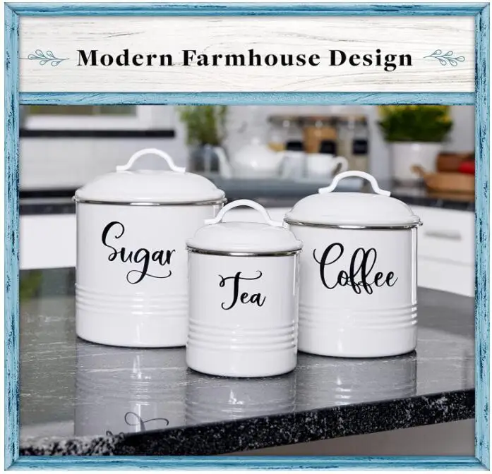 Kitchen Canisters Set of 3 Airtight Tea  Sugar  Coffee Containers Rustic Farmhouse Canister Jars White