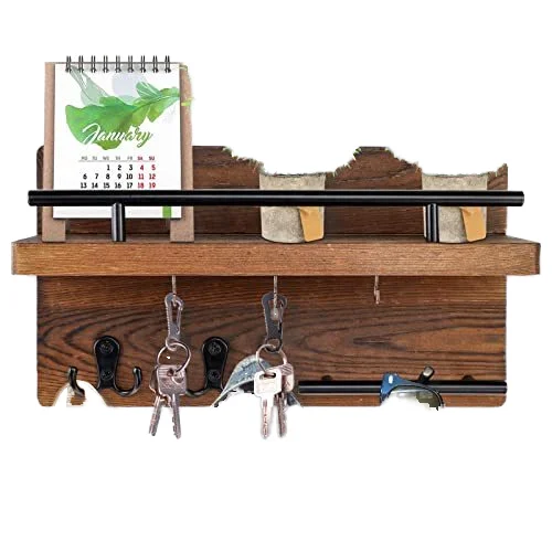 Wooden Key Holder Organizer Decorative Shelf With Metal Hooks Wall Mounted Home Mail Rack