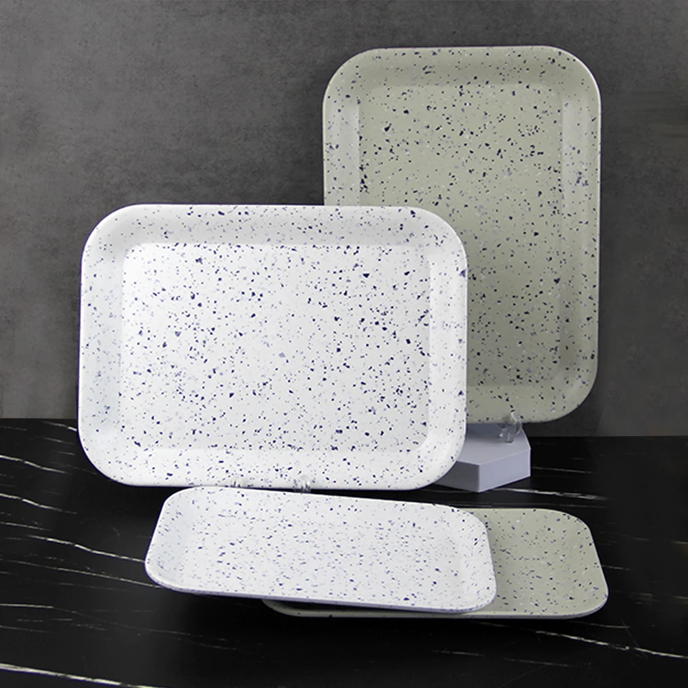 SEBEST Factory Wholesale Shatterproof Alimentaire Stackable White Terrazzo Rectangle Melamine Plastic Serving Tray