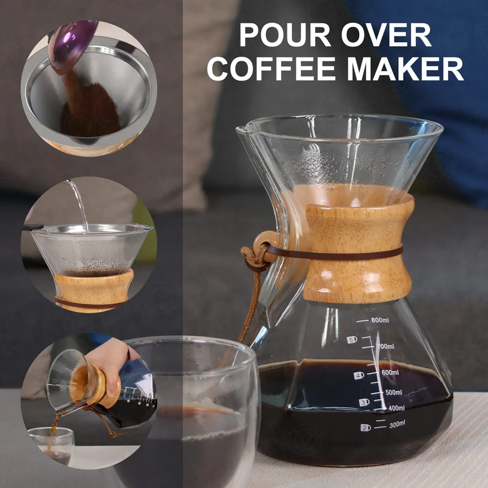 Emode Factory Price Custom Logo 800ml Borosilicone Glass Coffee Double Layer Mesh Filter Pot With Wooden Collar