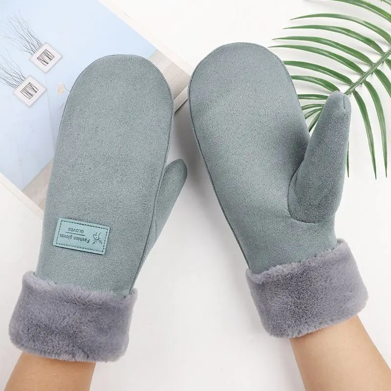 Wholesale Winter Cute Thick Plush Warm Suede Leather Mittens Gloves For Lady Girl With Lanyard