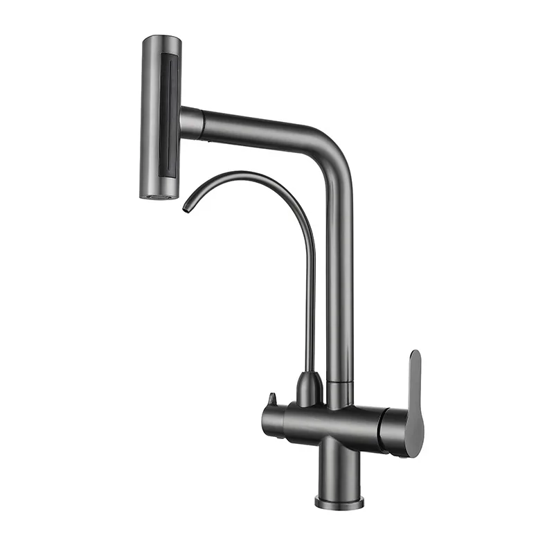 3 in 1 Dual handle drinking water outlet gun gray 3 way kitchen filter faucet pull out faucet