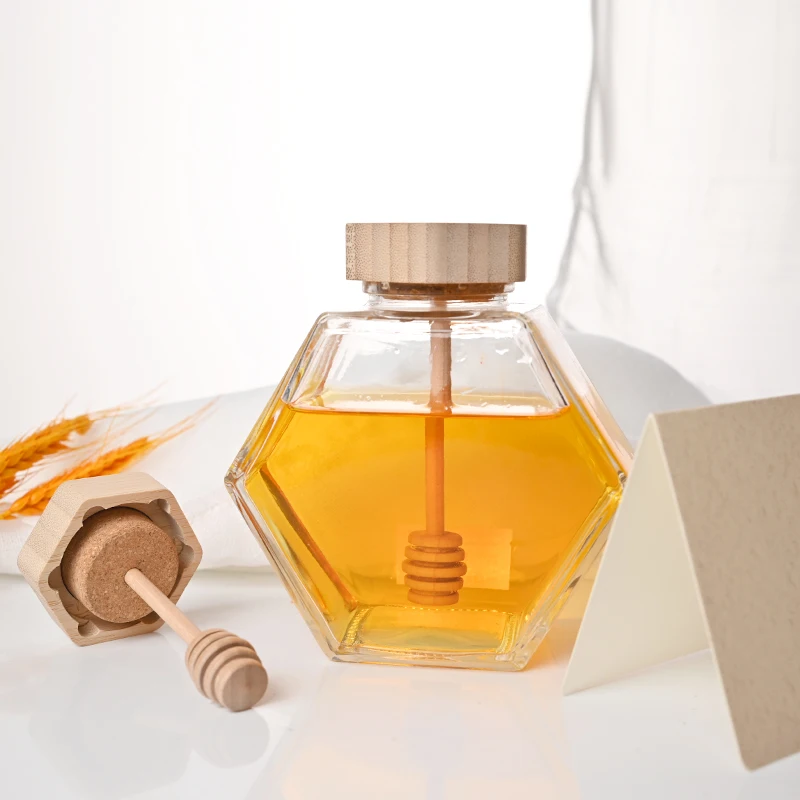 Wholesale 100ml 220ml 380ml Empty Honey bottles Clear Honeycomb hexagon bee shaped Glass Honey Jars with Lid Spoon and Dipper