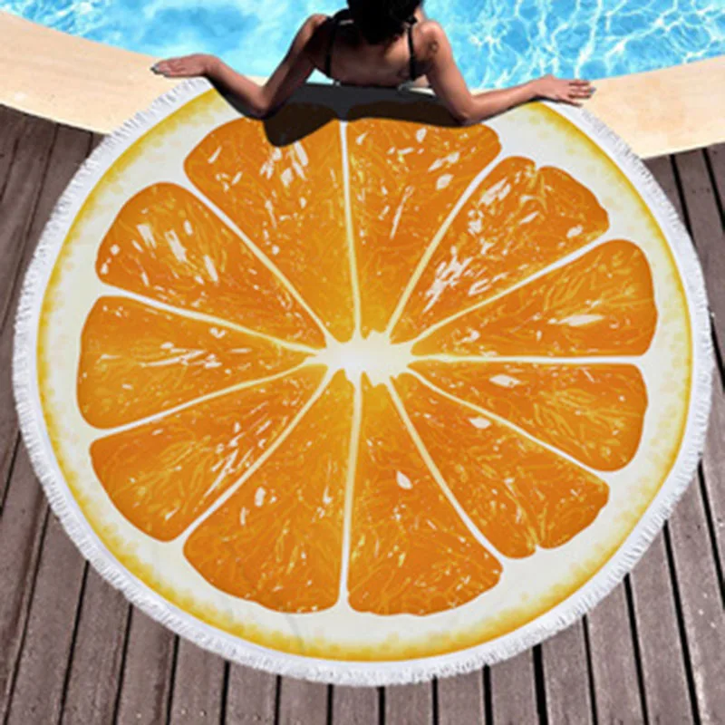Round Beach Towel with Different Fruit Printed Microfiber Soft Water Absorption Towel with Tassel