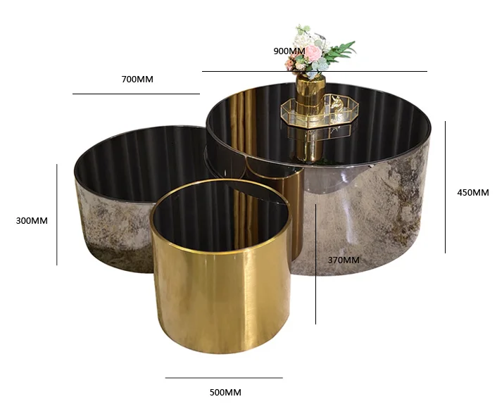 Hot Sale Modern Luxury Living Room Furniture Round Glass Coffee Table Set Matte Gold Stainless Steel Frame