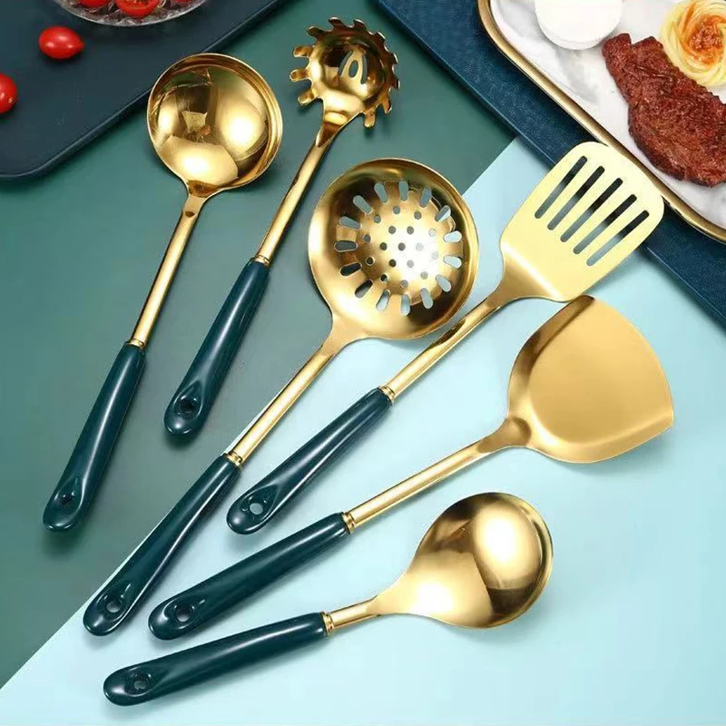 6 Pcs SUS 201 Nordic Style Stainless Steel hotel family party  spoon spatula kitchen utensils set  with standing rack