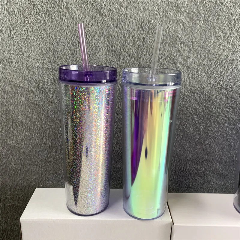 tall Glitter Bomb Powder Sequins 16oz 19oz 20oz Insulated double wall Clear acrylic plastic Laser holographic acrylic tumbler