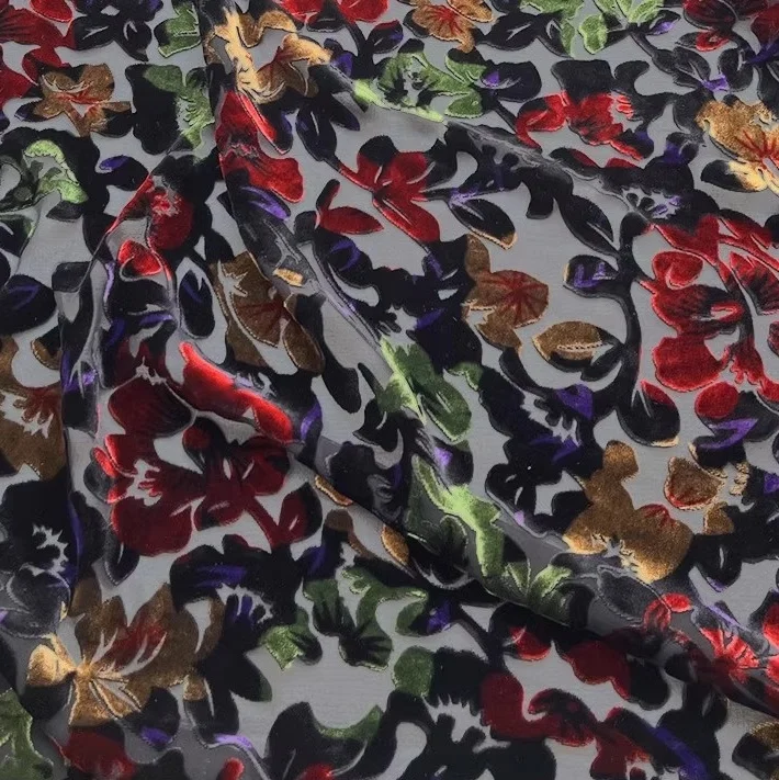 Popular Fashionable Pure silk 10mm background viscose burnt out jacquard floral velvet fabric for Ladies elegant noble clothing