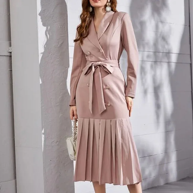 2022 New double-breasted shawl collar pleated hem belted waist career suit dress for women