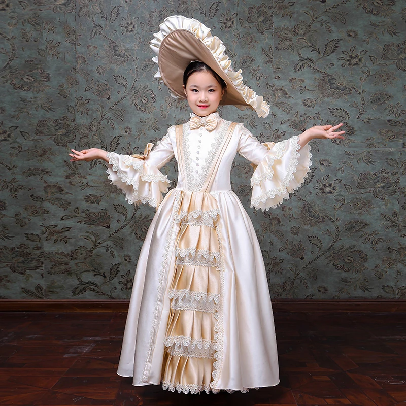 Kid Girls Retro Dress Medieval Princess Dress Cosplay Costumes Girl Square Neck Puff Sleeve Party Dress Ball Gown