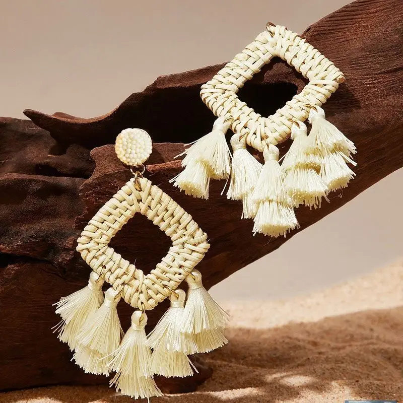 Colorful Statement Large Rattan Woven Straw Retro Dangle Wholesale Fashion Tassel Bohemian Drop Boho Earings