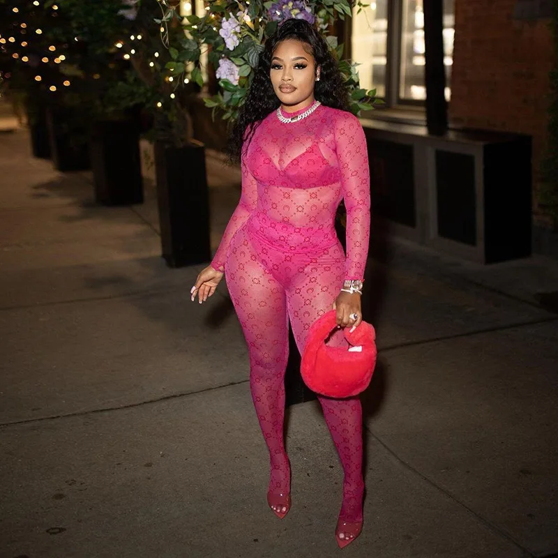 Women Mesh See Through Top and Long Pants 2 Piece Matching Sets Moon and Stars Print Night Club Sexy Party Outfits