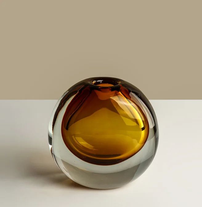 Wholesale Light Luxury Double Layer Coloured Modern Desktop Home Decor Blue Grey Brown Green Color Round Small Glass Vase