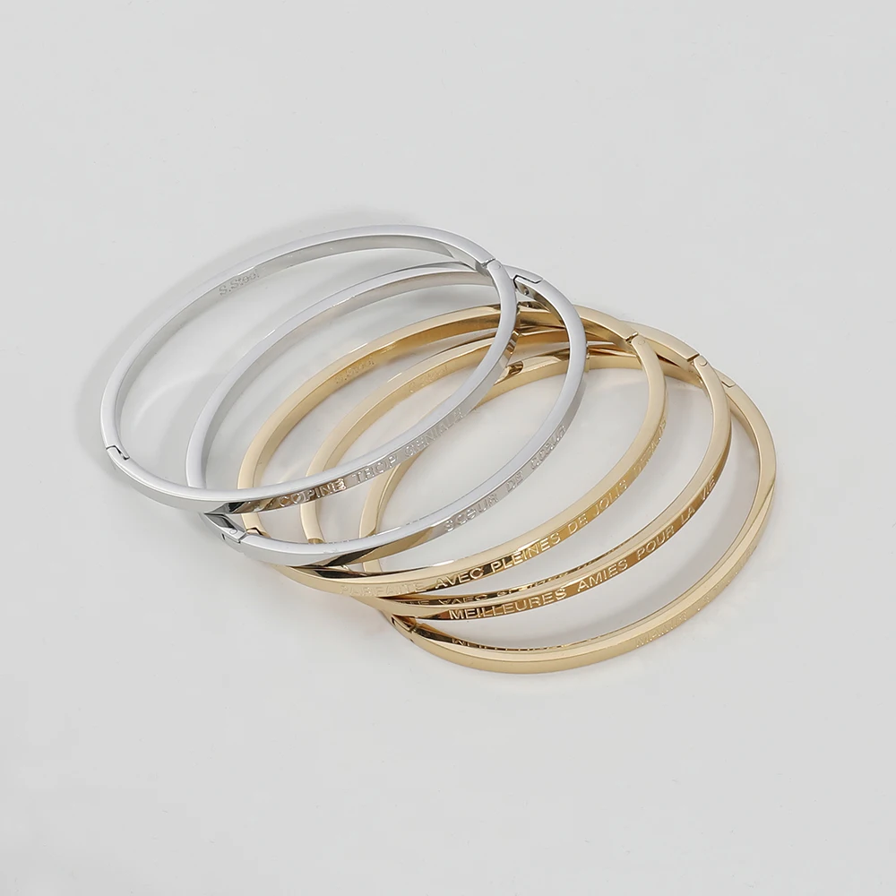 
Wholesale Custom 316L Stainless Steel Bangle Simple Design Custom Engraved Jewelry Women Cuff Bangle Bracelets 