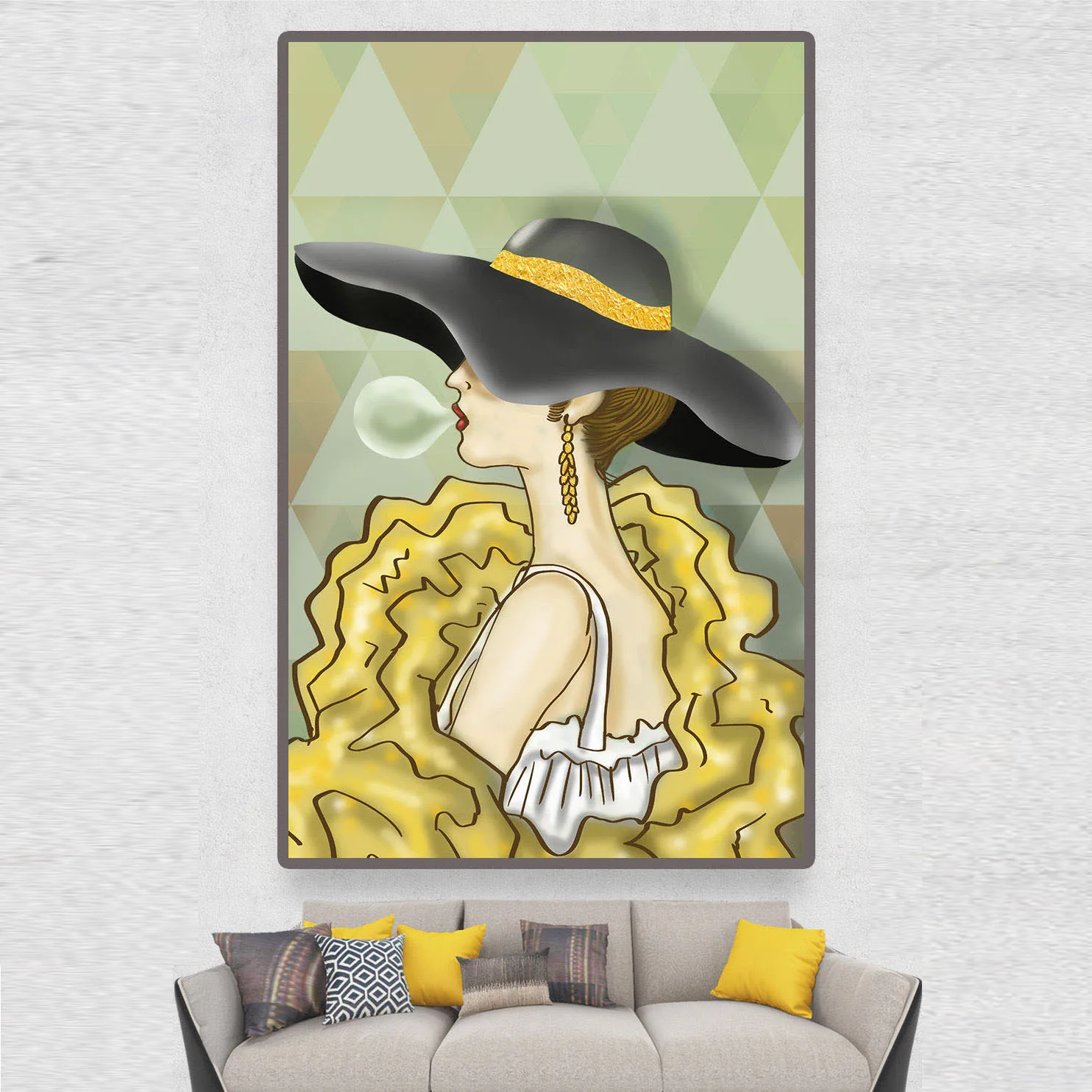 Luxury abstract art painting decor home decoration painting for geometry modern woman with black hat