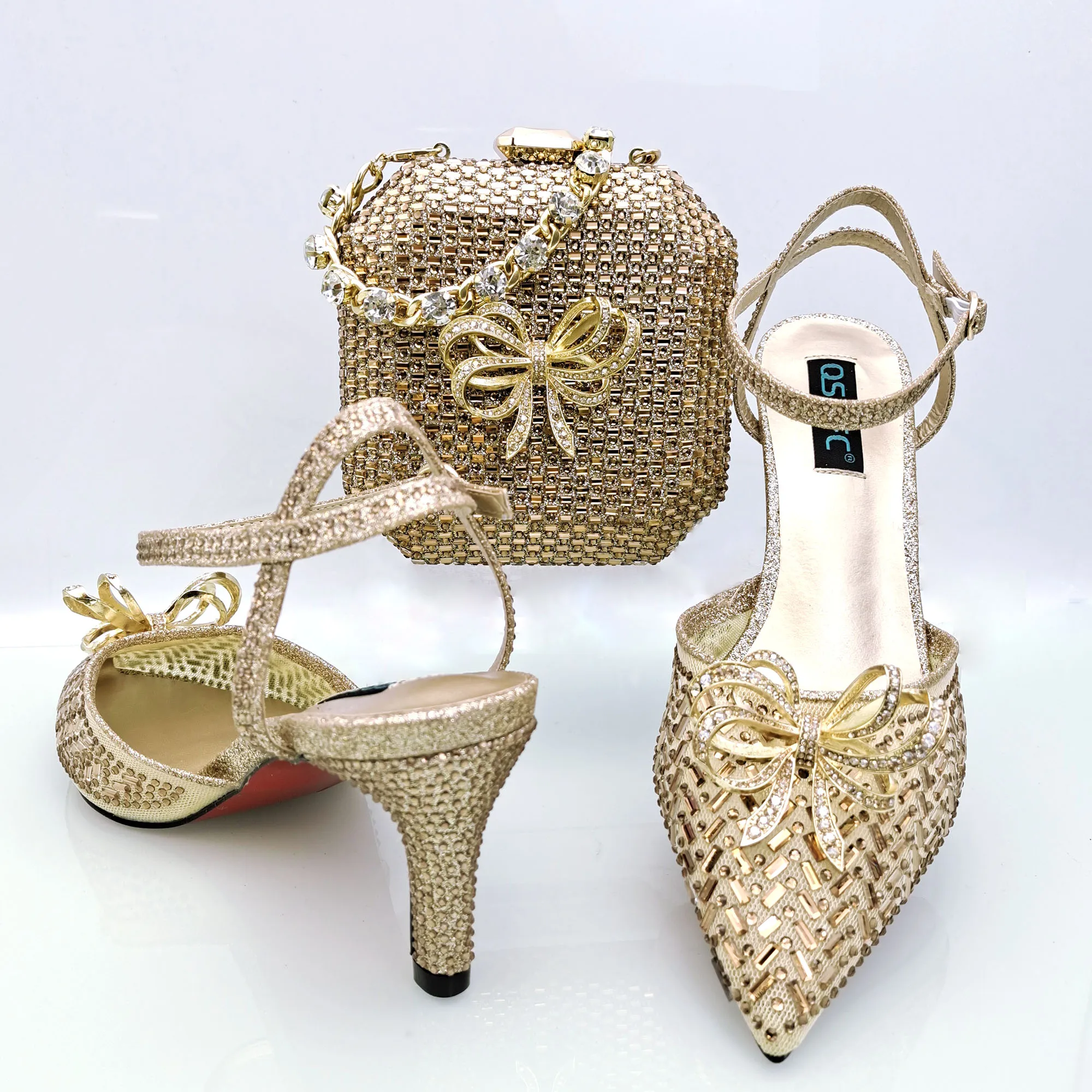 2023 Latest gold matching shoe and bag set women shoes for party
