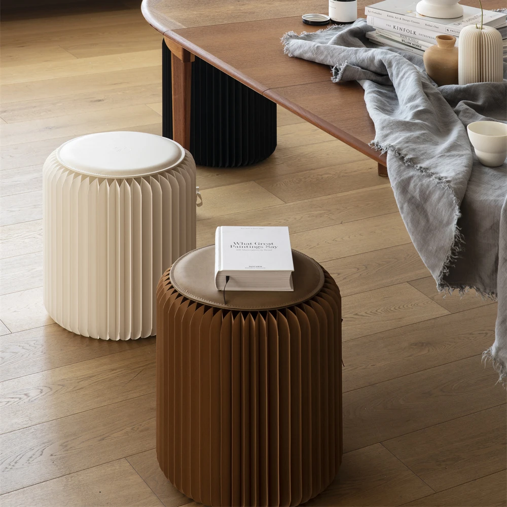 ihpaper H42cm Paper Stool Folding Round Stools Ottomans With PU Leather Round Pad  Indoor Furniture Space Saving Furniture