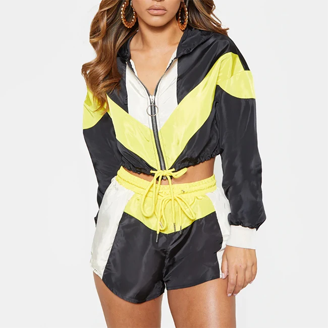 color block shell women suit drawstring hoodie & shorts two pieces for girls