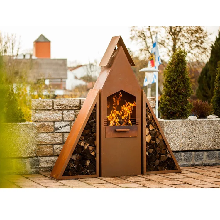 mid century modern outdoor patio triangle corten steel woodburning fireplace garden wood storage fireplace heater with bbq