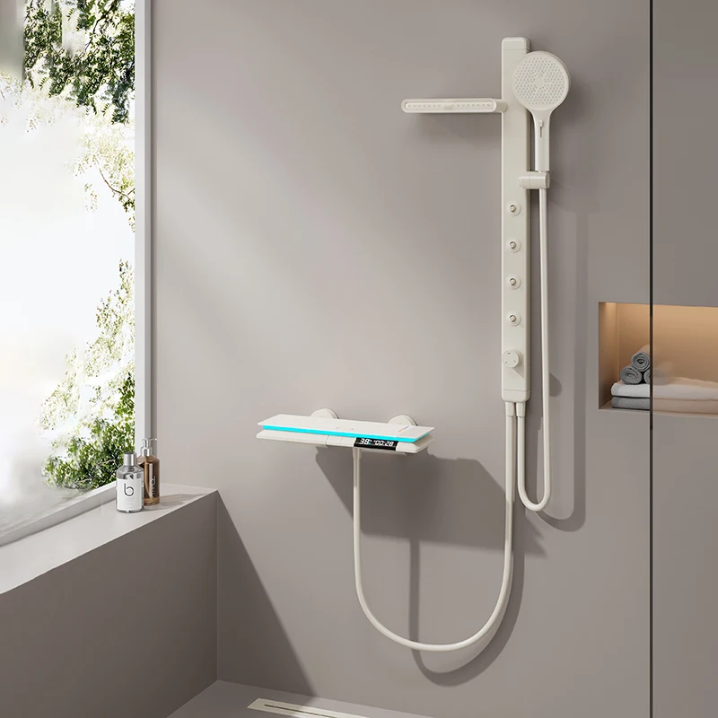 Multifunctional Brass Thermostatic Shower Set Push Button Digital LED Light Mixer with Rain Soft Spray Patterns Bathroom Faucet