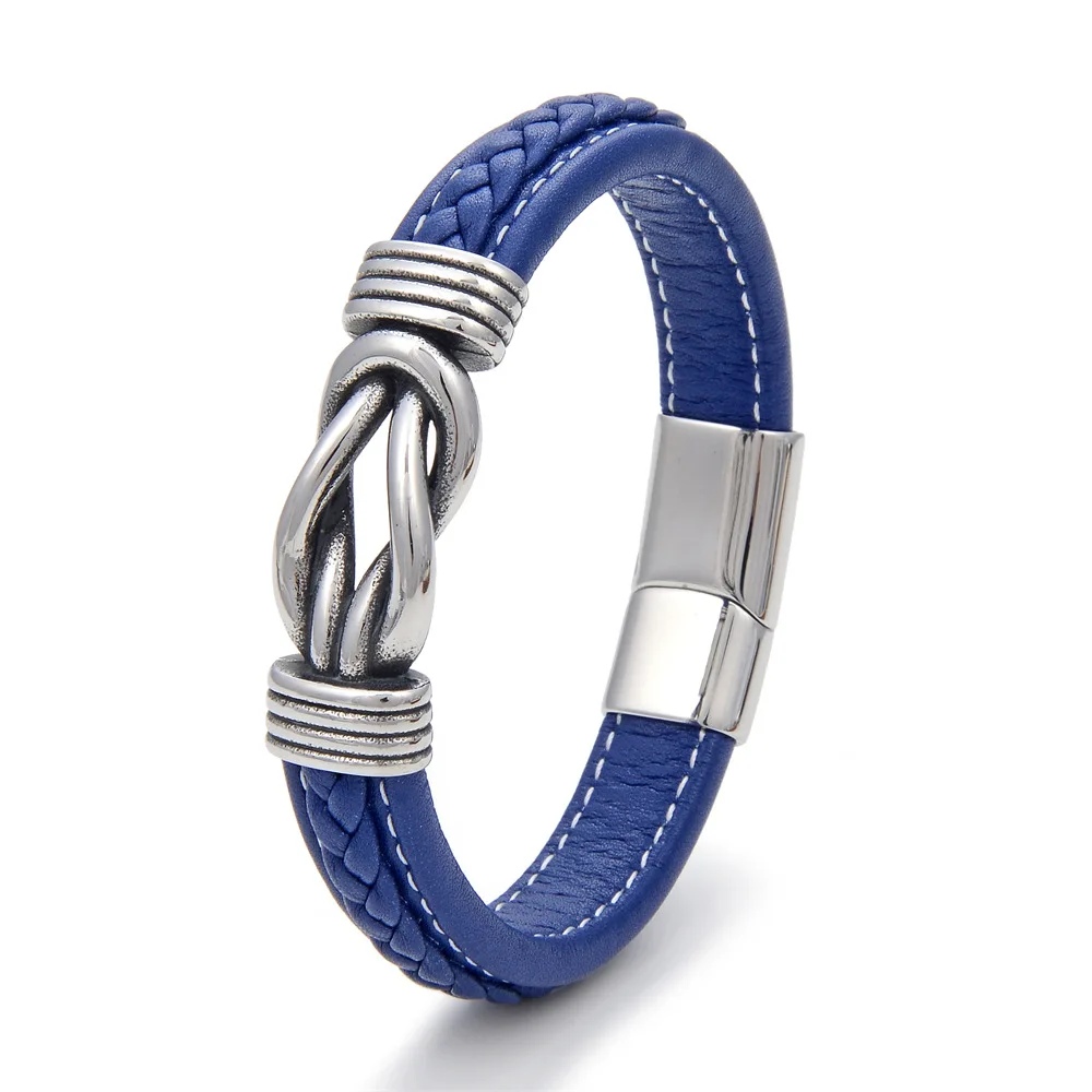 Fashion Twist Hand Woven Braided Square knot Titanium Stainless Steel Love My Son Punk Men Cuff Leather Wrap Bracelet