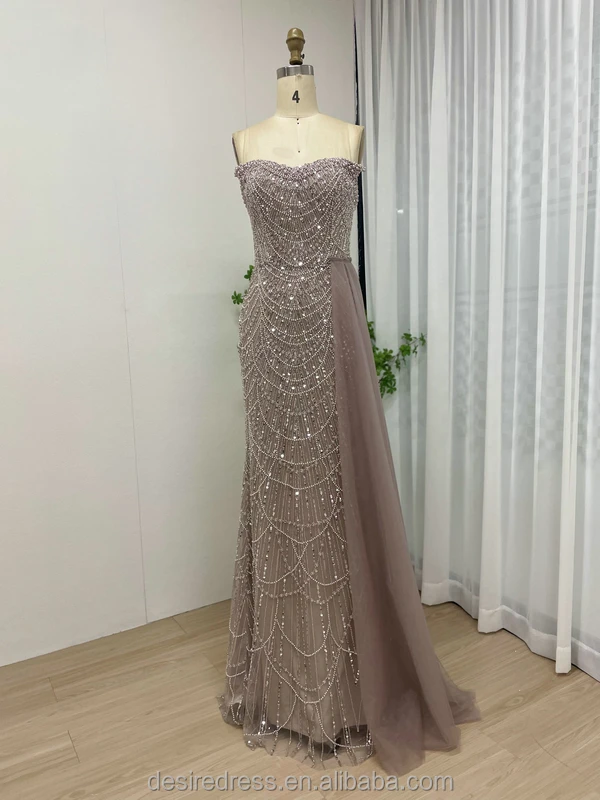 Newest Design White Beaded Pearls Mermaid Evening Dresses Strapless Sequined Prom Gowns With Side Train For Sexy Ladies MY30110