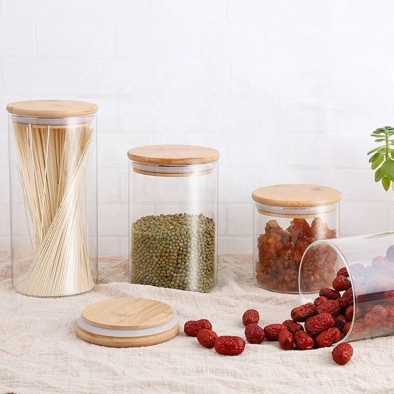 Eco-friendly cookie candy honey borosilicate glass food storage jar with airtight bamboo lid