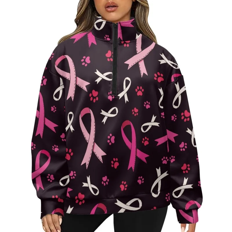 Breast Cancer Pattern Half Zipper Sweatshirt for Girl Wholesale in Bulk Dropship Sports Pullover Fashionable Casual Women Jumper