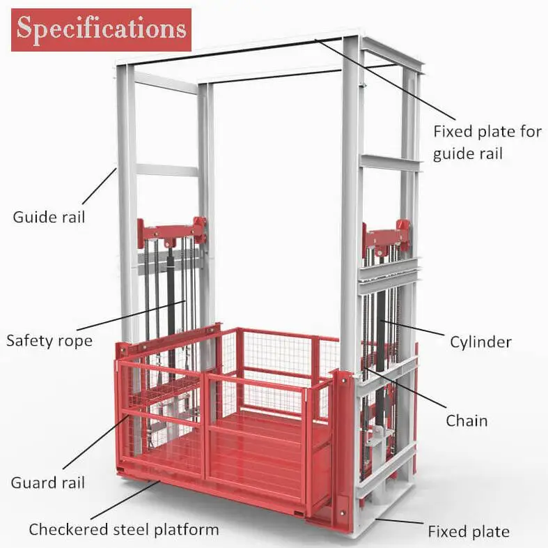 1000kg 2000kg Vertical Hydraulic Guide Rail Cargo Goods Lift for Sale