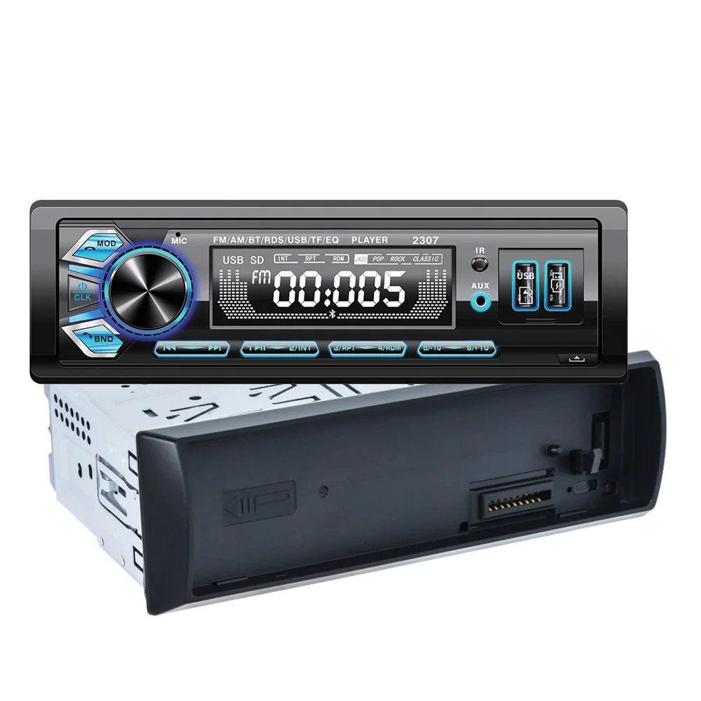 Car Radio MP3 Player 1 Din Removable Panel Stereo Radio FM BT EQ USB AUX Remote Control Colorful Lights