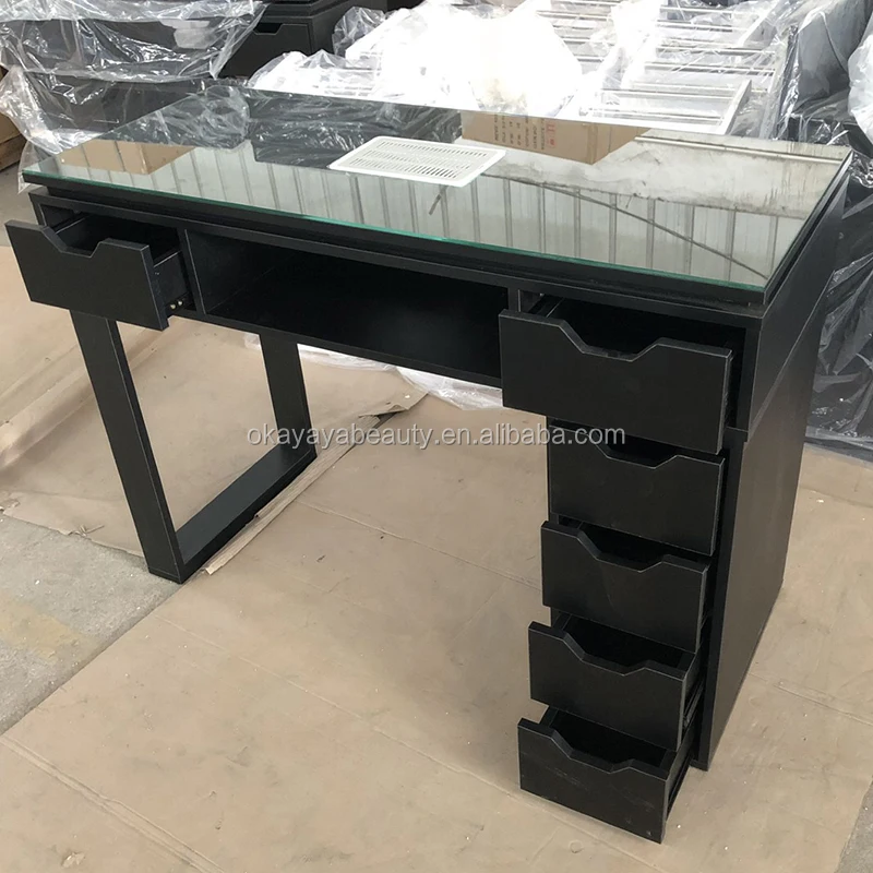 Beauty nail salon furniture modern manicure table nail bar desk glass top nail table with vent for sale