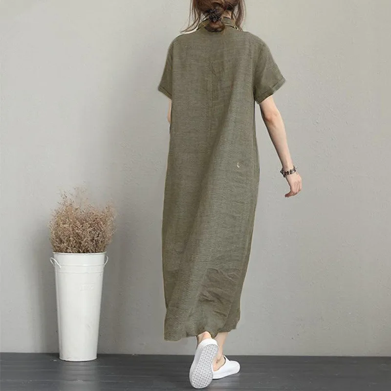 Ladies Solid Color Cotton and linen casual loose Sexy Women Dresses Women Summer Female Clothes Long Dresses