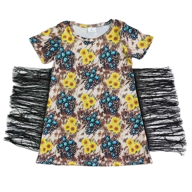 Kids Summer Sunflower Fringe Dress Wholesale Baby Girl Short Sleeve Tassel Floral Leopard Clothing Children Toddler New Clothes