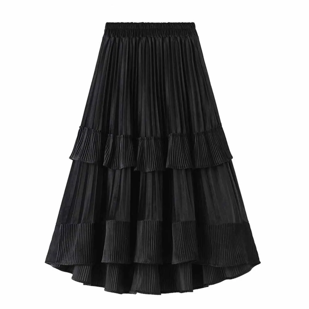 Short Front Long Back Irregular Skirt VD3273 Women Black Coffee Pleated Velvet Autumn Winter Skirts