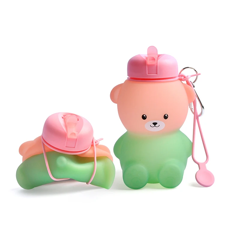 Customized Bpa Free Bear Shape Silicone Children Kids Waterbottle Drinking Bottle Water Bottle With Straw For School