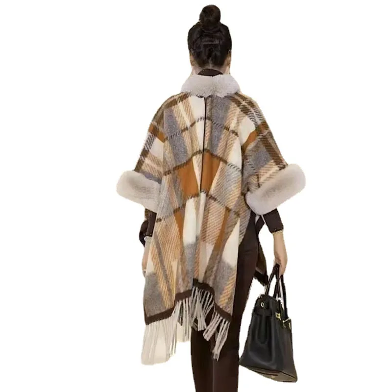 Fashion Trends Faux Fur Coat Cape Hooded Tassels Wool Blends Cardigan Cloak Women Fall Winter Overcoat Poncho Wraps