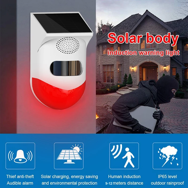 Outdoor Solar PIR Infrared Alarm Wireless System Siren Waterproof Burglar Security Strobe Siren