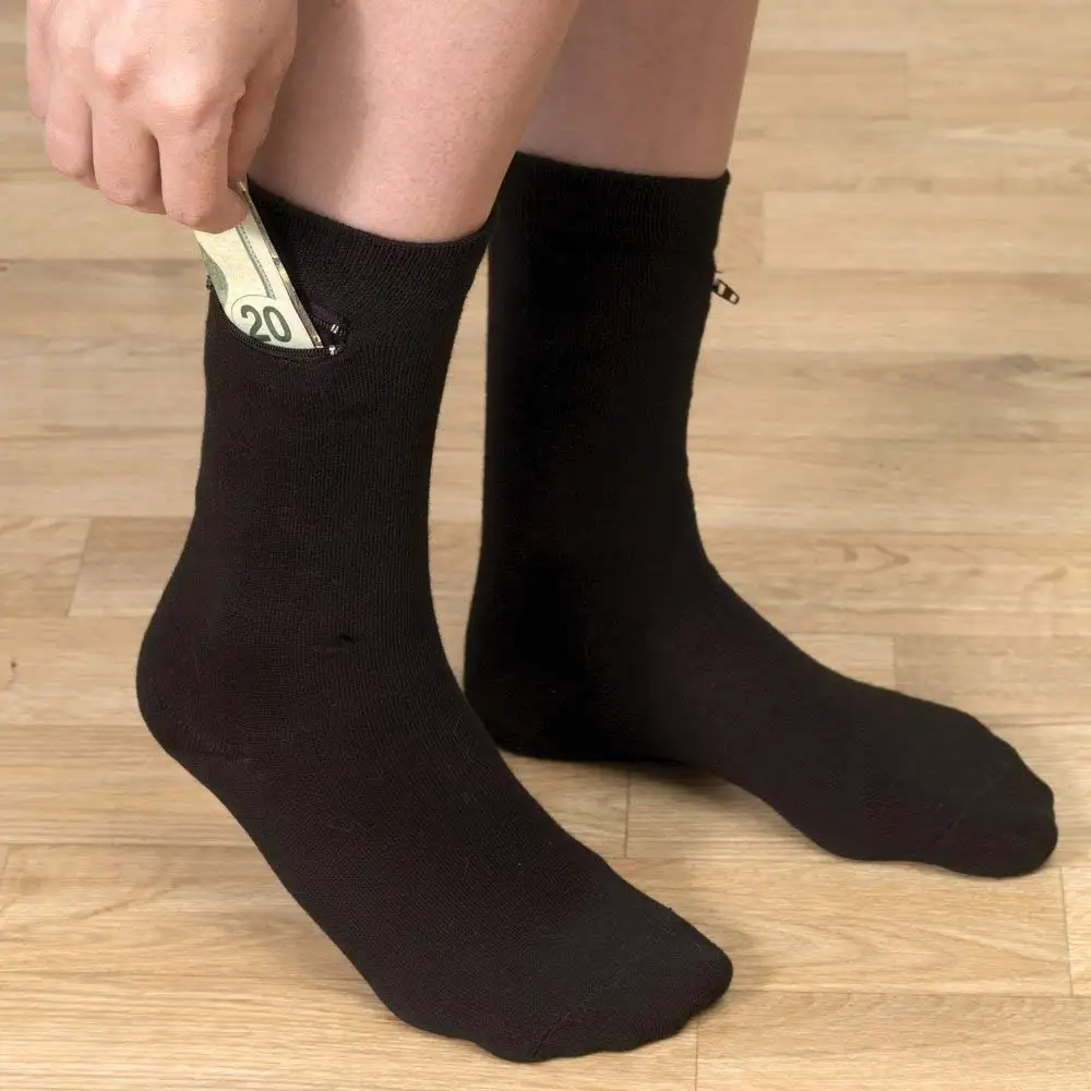 Men Black custom Dress Crew Hidden Zipper Pocket Socks