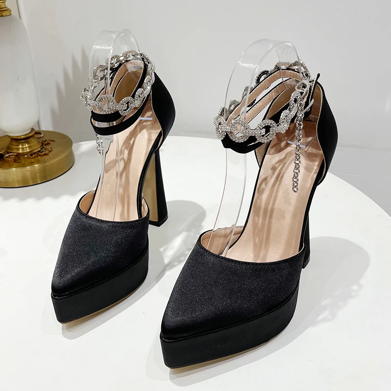 Chunky Heels Silk Pointed Toe 2022 Platform Pumps Solid High Heels Crystal Ankle Strap Buckle Wedding Party 35-42 Women Shoes