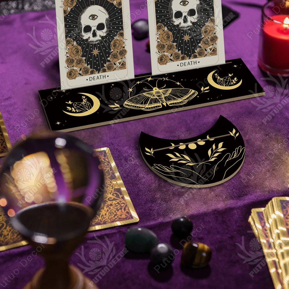 Handcrafted Wooden Tarot Card Holder Crescent-Shaped Creative Desk Decor Essential for Mystical Divination