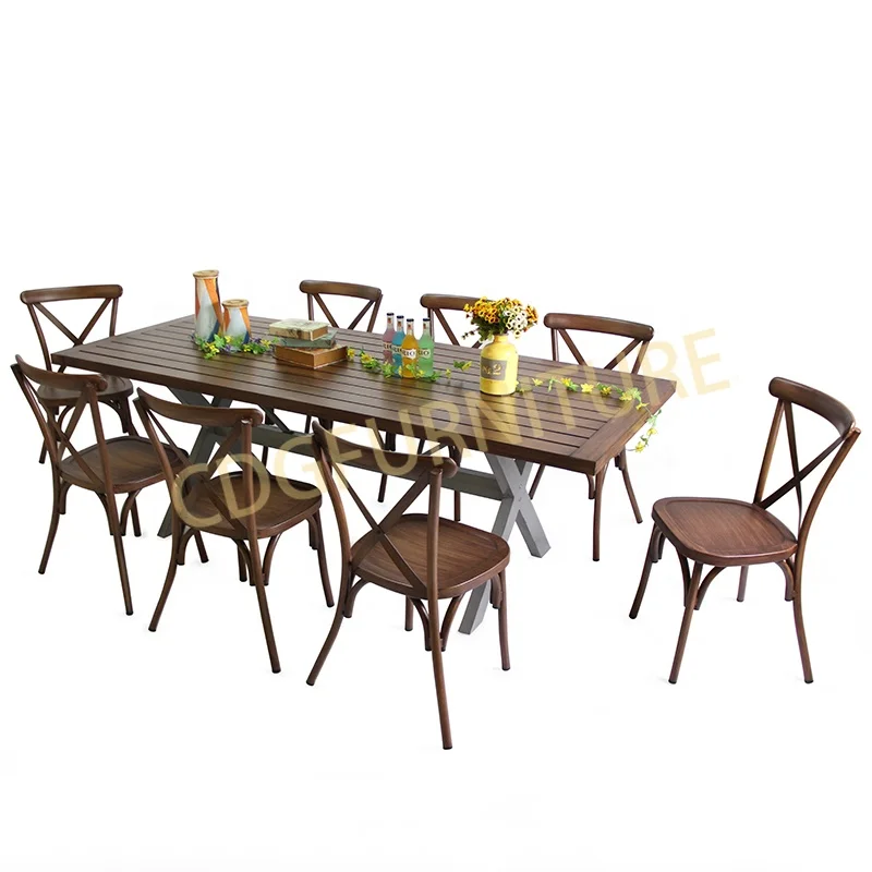 Классическая мебель, фермерские столы, вечеринка, мероприятие, деревянная текстура, цветной винтажный стальной обеденный стол, набор из 8 стульев