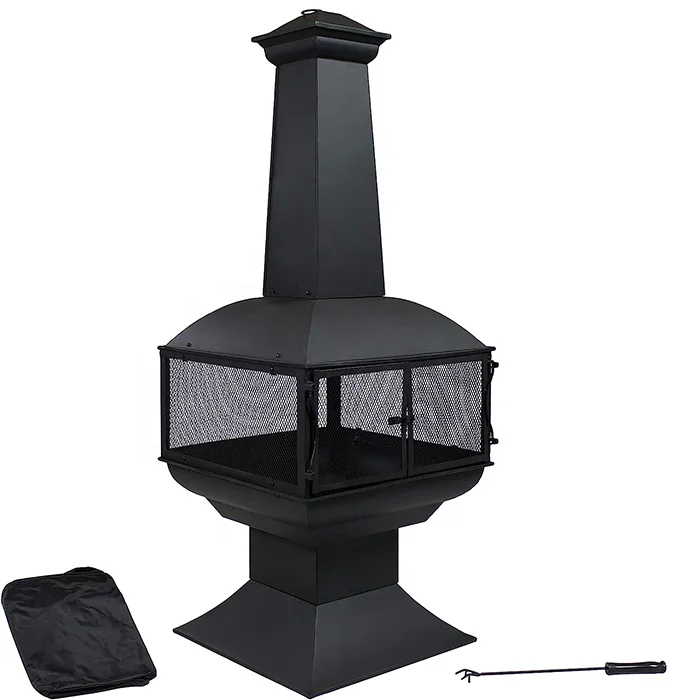360-Degree Fire View 57-Inch Black Steel Chiminea With Log Grate Cover Poker Protective Mesh Screen