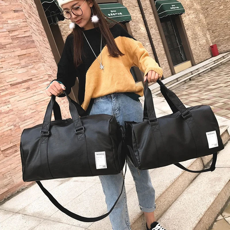 
custom women mens black pu leather gym duffel bag with shoe compartment multifunctional duffle travel bag 