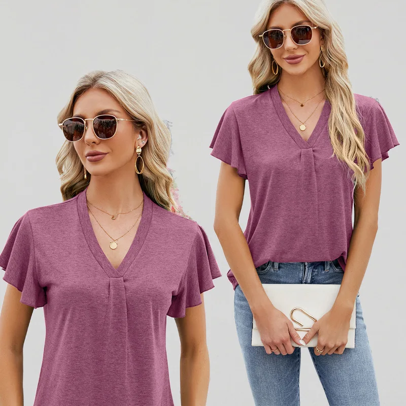 Factory wholesale sales 2024 summer new V-neck flying sleeve dovetail T-shirt short-sleeved top for women